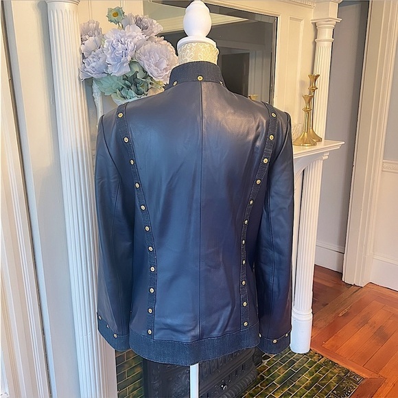 ST JOHN SPORT Navy Blue Lambs Leather & Denim Trim Zip Up Leather Jacket Size L - Picture 9 of 14